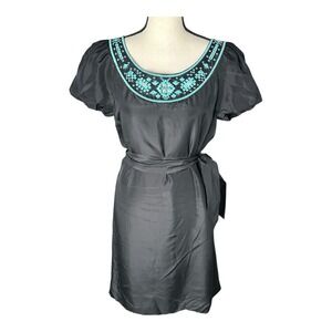 Tory Burch Lottie Size 6 Black Turquoise Embroidered Silk Tie Belt Shift‎ Dress